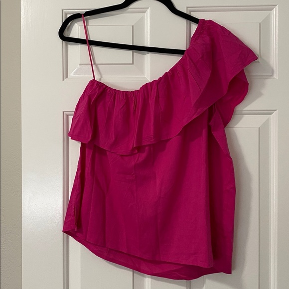 LOFT Fuchsia Ruffled One-Shoulder Blouse - Picture 2 of 3